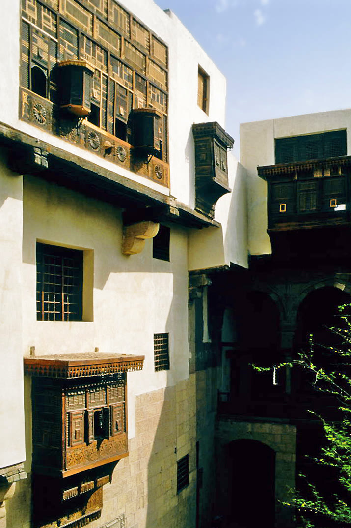 Projecting wooden mashrabiya windows on Bayt al-Suhaymi in Cairo